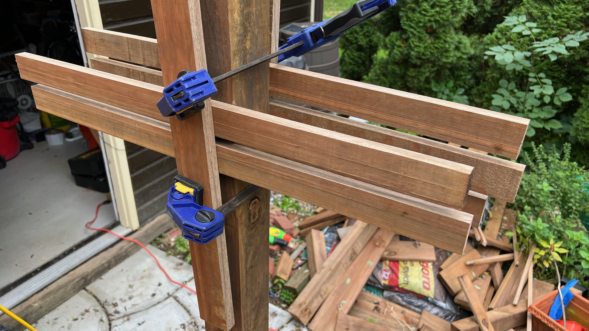 Measure twice, cut once! We put up some test pieces, and didn't like them; they were too thick.